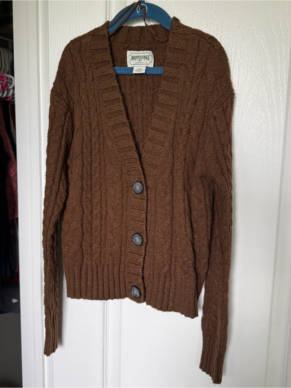 AEO Rust Brown Cable-Knit Button Cardigan Sweater